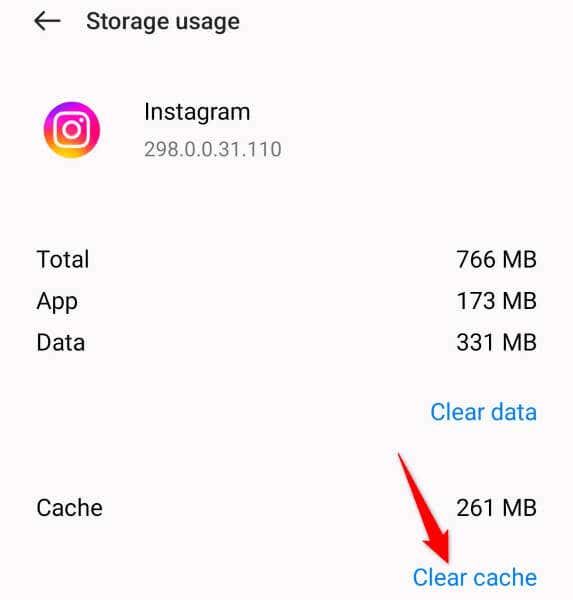 Clear cache in the instagram app