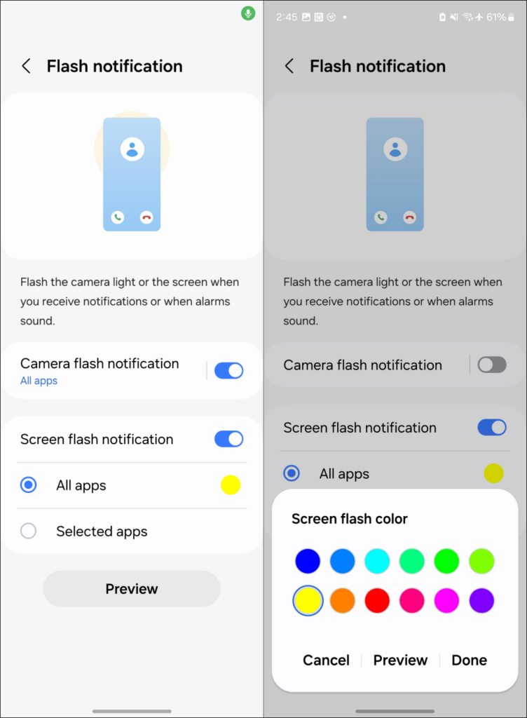 Flash notification settings in Android 14