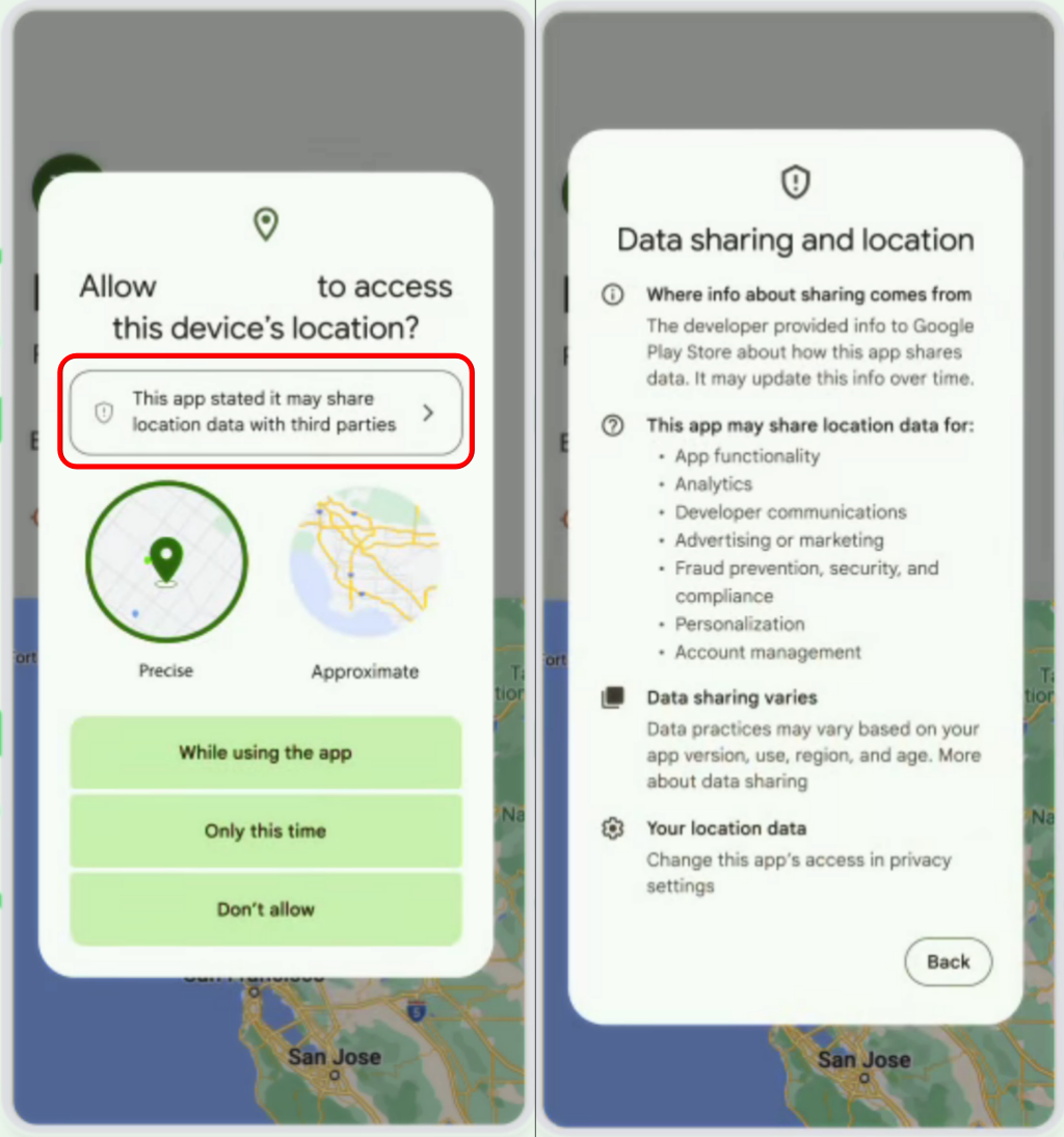 "Data sharing and location" information card in Android 14