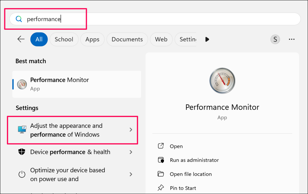 adjust-visual-effects-performance-windows-11 - Online Tech Tips "Adjust the appearance and performance of Windows" in Windows Start menu