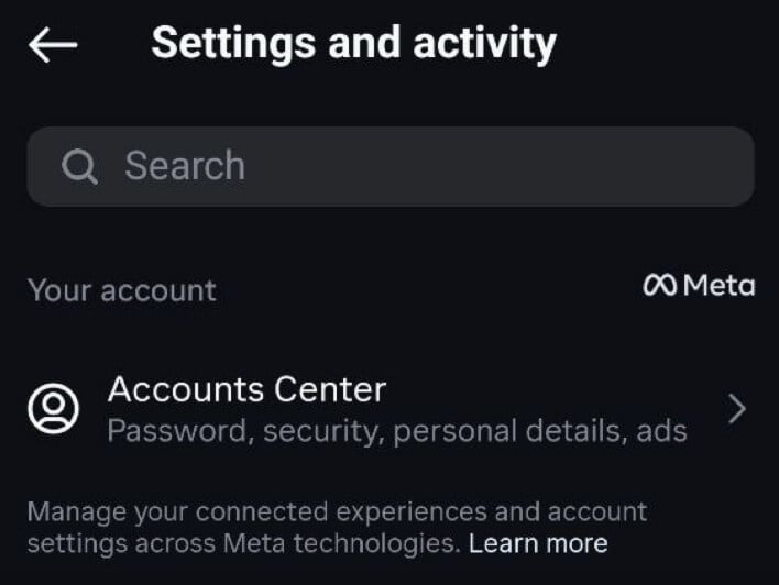 نحوه تنظیم مجدد اینستاگرام خود Screenshot of Instagram settings accounts center section