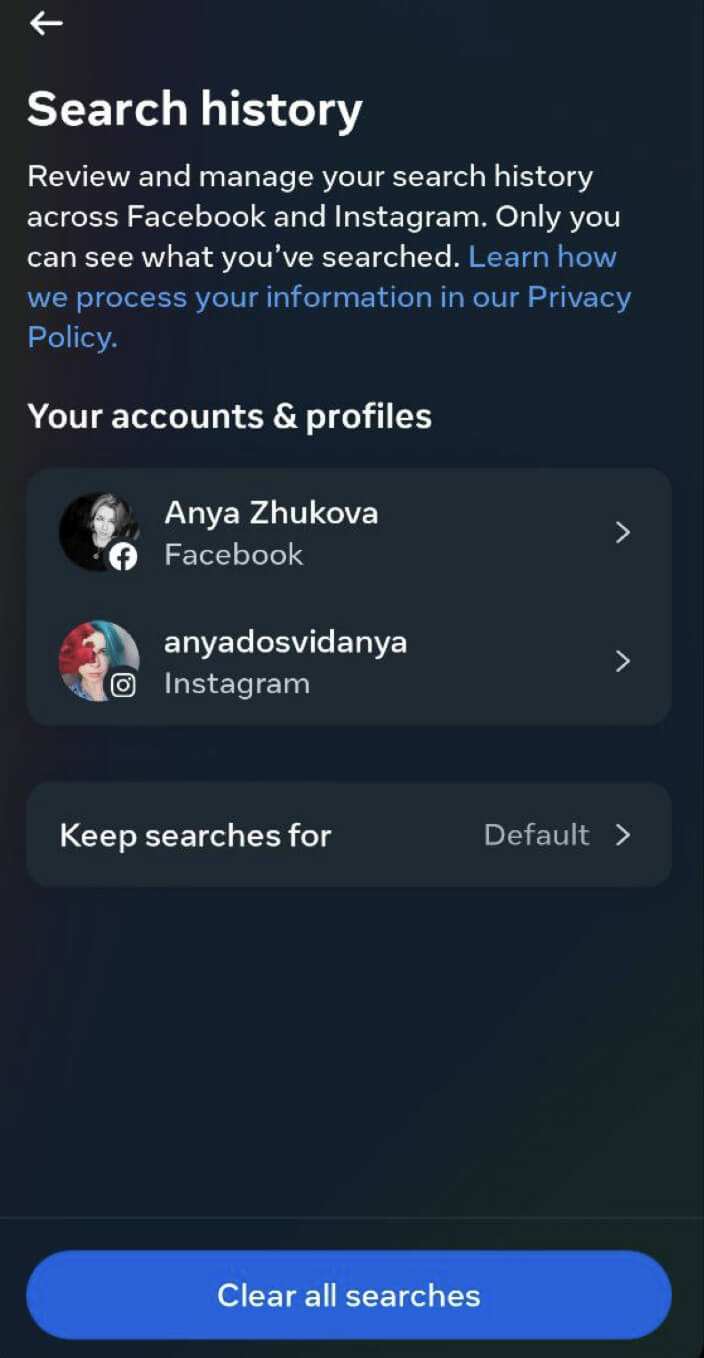 نحوه تنظیم مجدد اینستاگرام خود Screenshot of Search history section of the Instagram settings menu