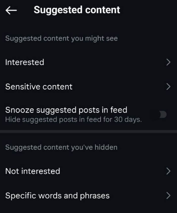 نحوه تنظیم مجدد اینستاگرام خود Screenshot of the Instagram settings - Suggested content section and options