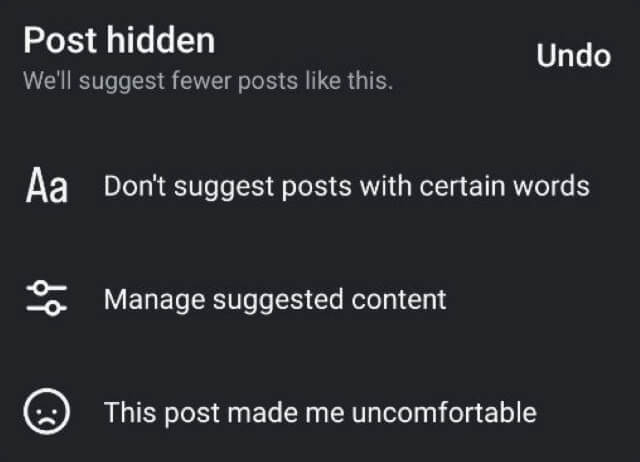 نحوه تنظیم مجدد اینستاگرام خود Screenshot of Instagram Post hidden menu