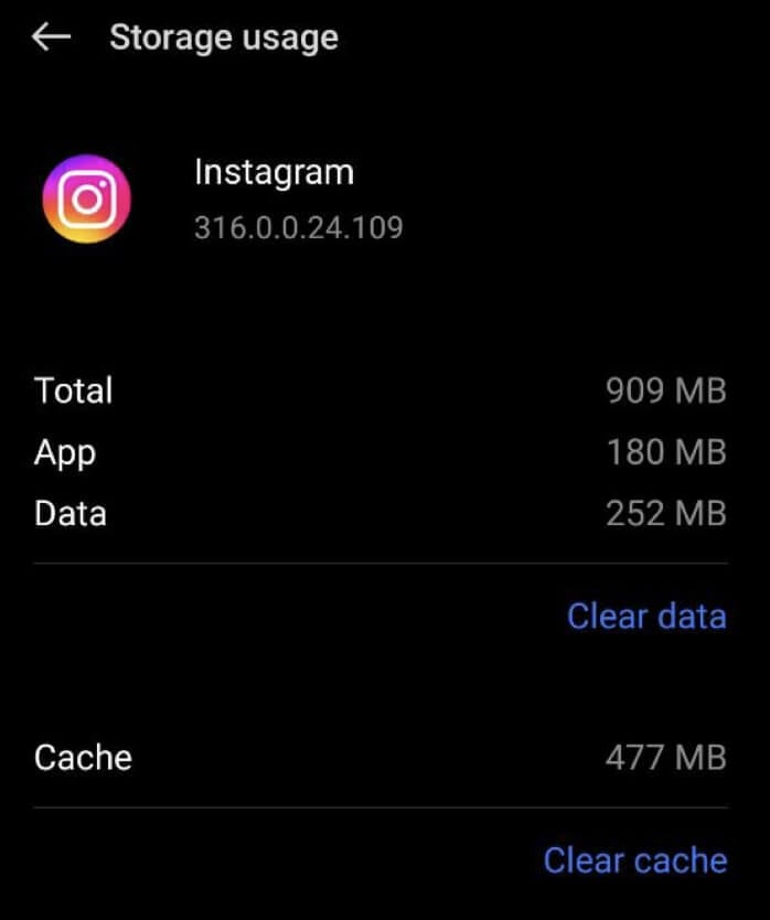 نحوه تنظیم مجدد اینستاگرام خود Screenshot of Instagram clear data and clear cache options Android