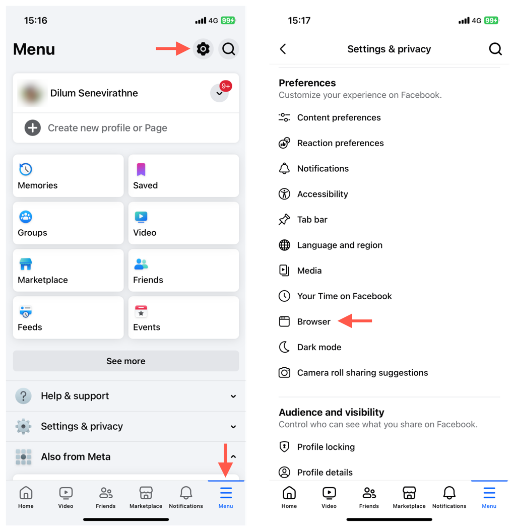 how-to-clear-facebook-cache-on-iphone-ott-4-compressed - Online Tech Tips Screenshots showing the iPhone - how-to-clear-facebook-cache-on-iphone-ott-4-compressed's Facebook app with the Menu and Settings icons highlighted on the left and Browser highlighted on the right.