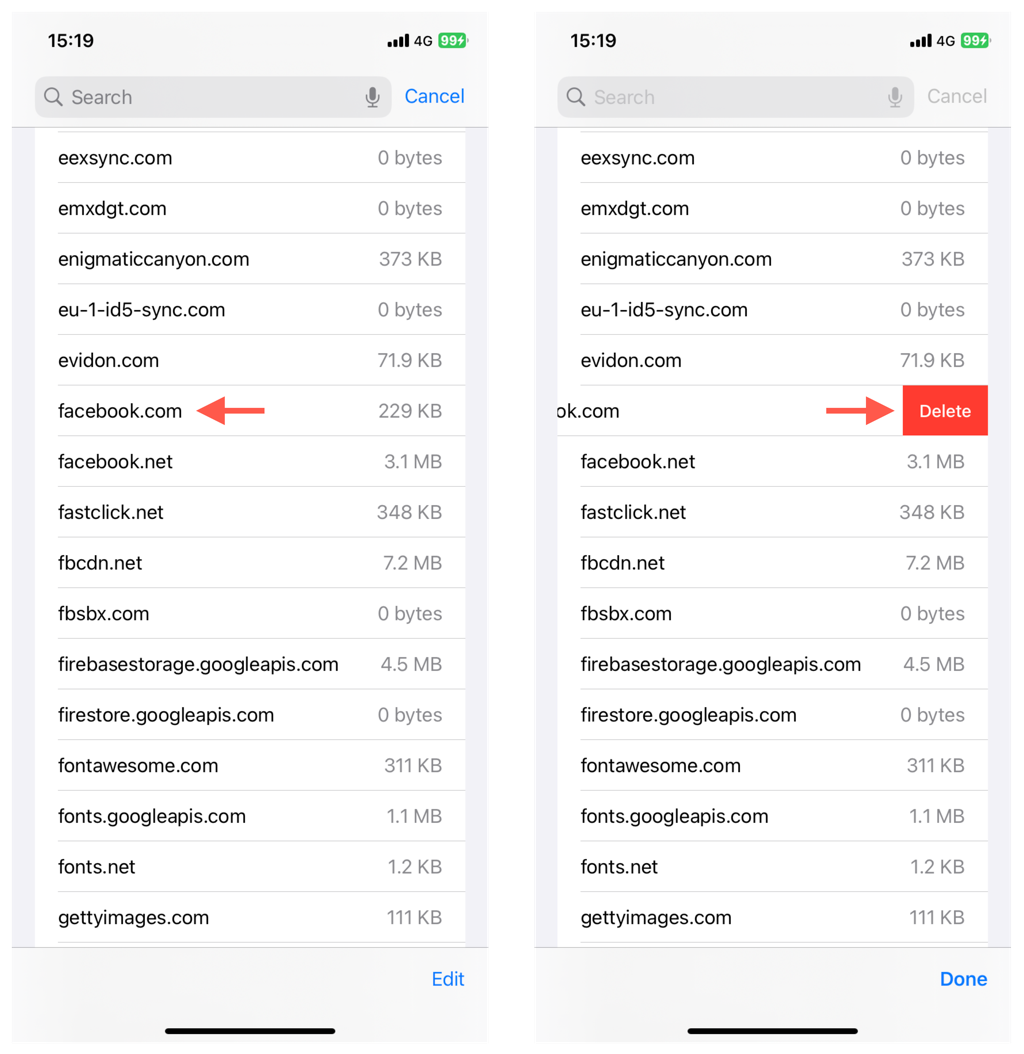 how-to-clear-facebook-cache-on-iphone-ott-7-compressed - Online Tech Tips Screenshots showing the iPhone - how-to-clear-facebook-cache-on-iphone-ott-7-compressed's Settings app with the Facebook web app cache highlighted on the left and Delete highlighted on the right.