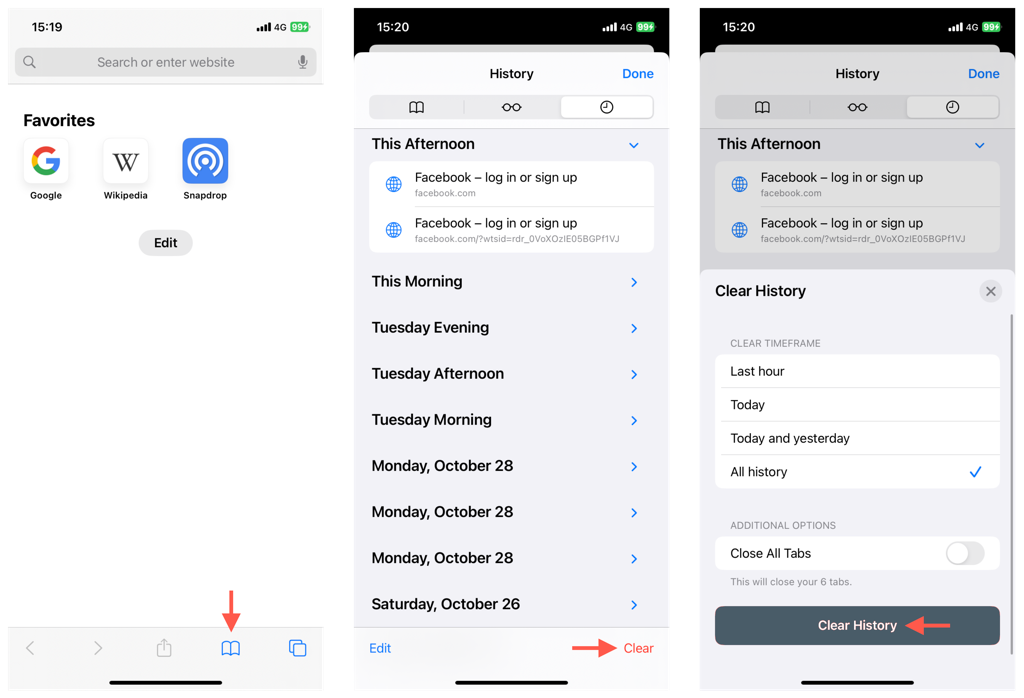 how-to-clear-facebook-cache-on-iphone-ott-8-compressed - Online Tech Tips Screenshots showing the iPhone - how-to-clear-facebook-cache-on-iphone-ott-8-compressed's Safari app with the Menu icon highlighted on the left, Clear highlighted on the middle, and Clear History highlighted on the right.