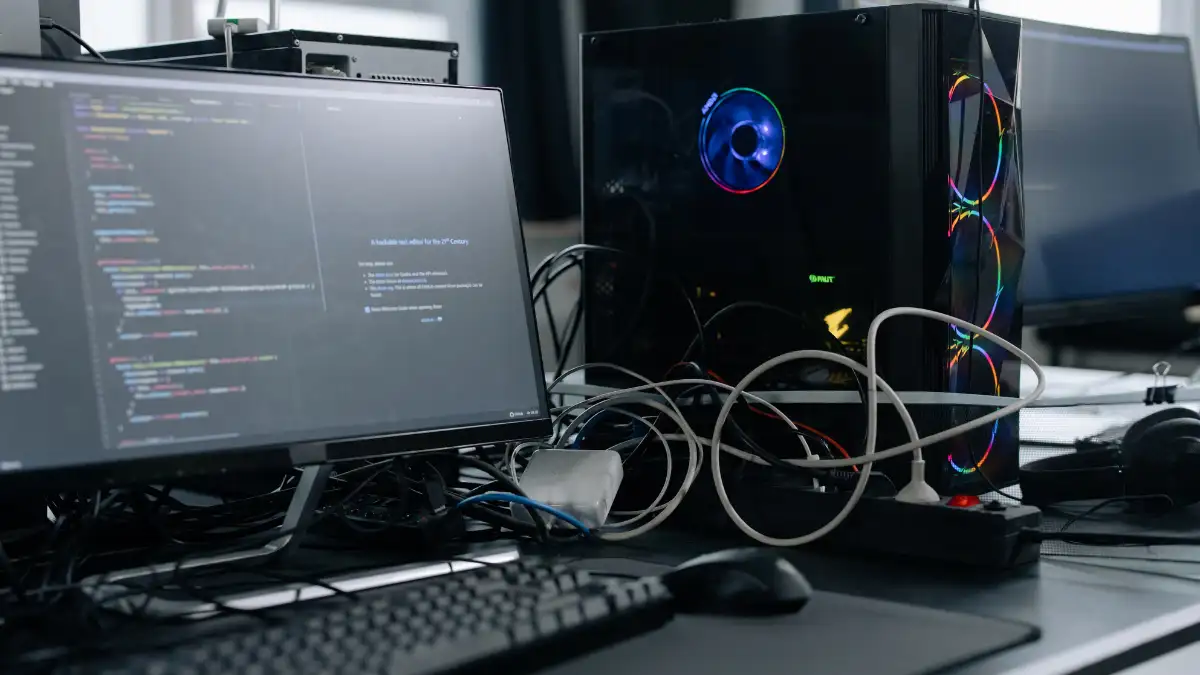 How to Turn off Hardware Acceleration Chrome - 1 - Online Tech Tips A computer monitor and casing with a blue spinning fan on a table. - How to Turn off Hardware Acceleration Chrome - 1