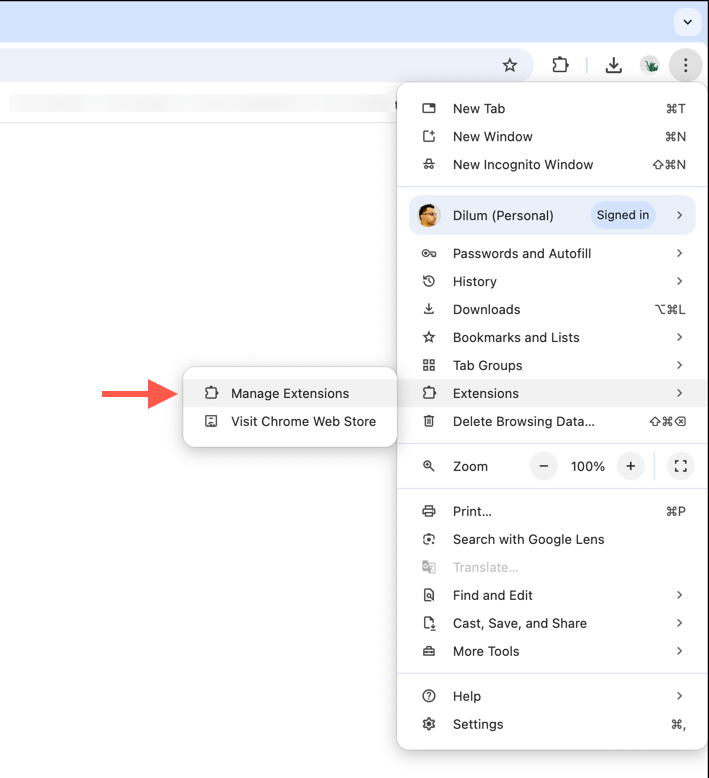 how-to-turn-off-hardware-acceleration-chrome-ott-10-compressed - Online Tech Tips The Chrome menu with the Manage Extensions option highlighted. - how-to-turn-off-hardware-acceleration-chrome-ott-10-compressed