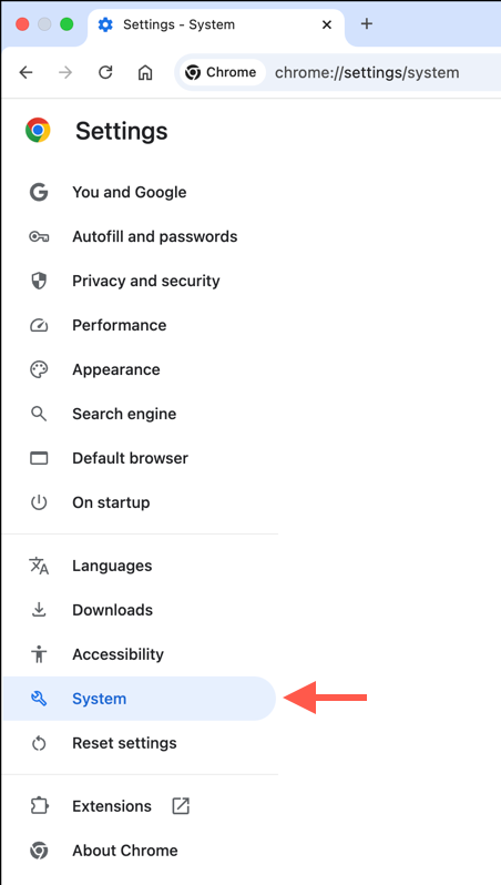 how-to-turn-off-hardware-acceleration-chrome-ott-3-compressed - Online Tech Tips The Chrome Settings panel with the System sidebar option highlighted. - how-to-turn-off-hardware-acceleration-chrome-ott-3-compressed