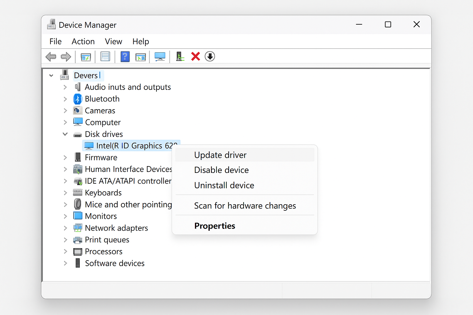 Windows 11 Device Manager with Display adapters expanded and graphics card right-click menu showing Update driver option