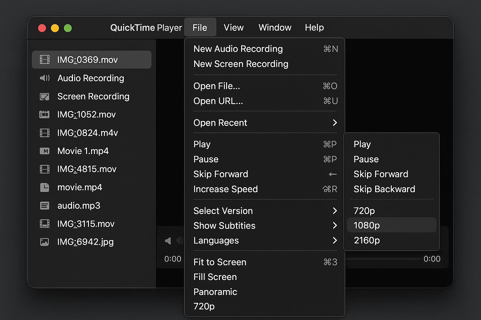 QuickTime Player showing View menu with quality options for 4K video playback