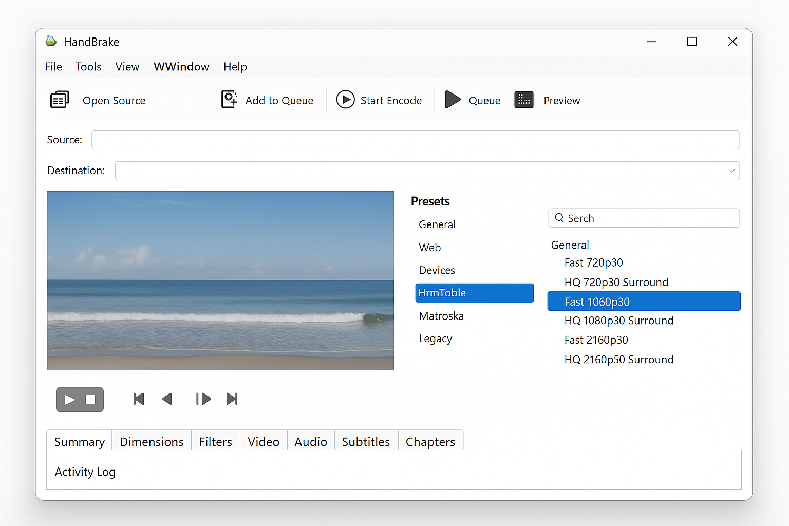 HandBrake interface showing video loaded with Fast 1080p30 preset selected