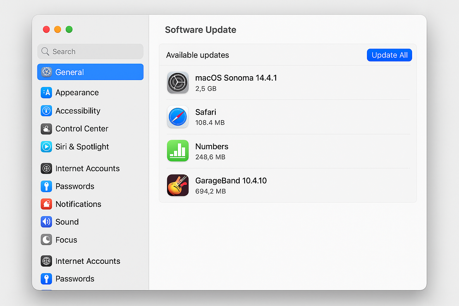 macOS System Settings showing General > Software Update page with available updates