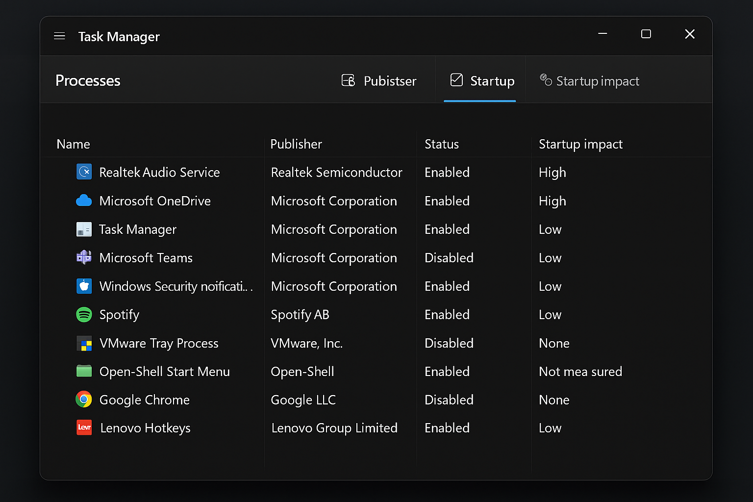 Windows 11 Task Manager showing Startup tab with programs that can be disabled