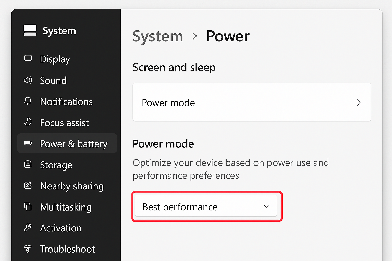Windows 11 Power Options showing Power mode dropdown with Best performance selected