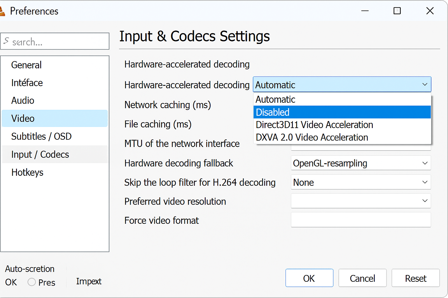 VLC Preferences showing Input/Codecs section with Hardware-accelerated decoding dropdown set to Automatic
