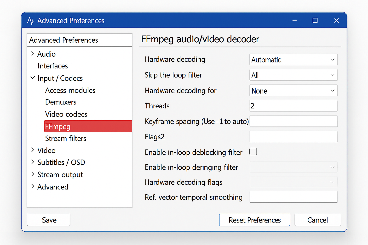 VLC FFmpeg codec settings showing Skip the loop filter set to All and Threads set to 2