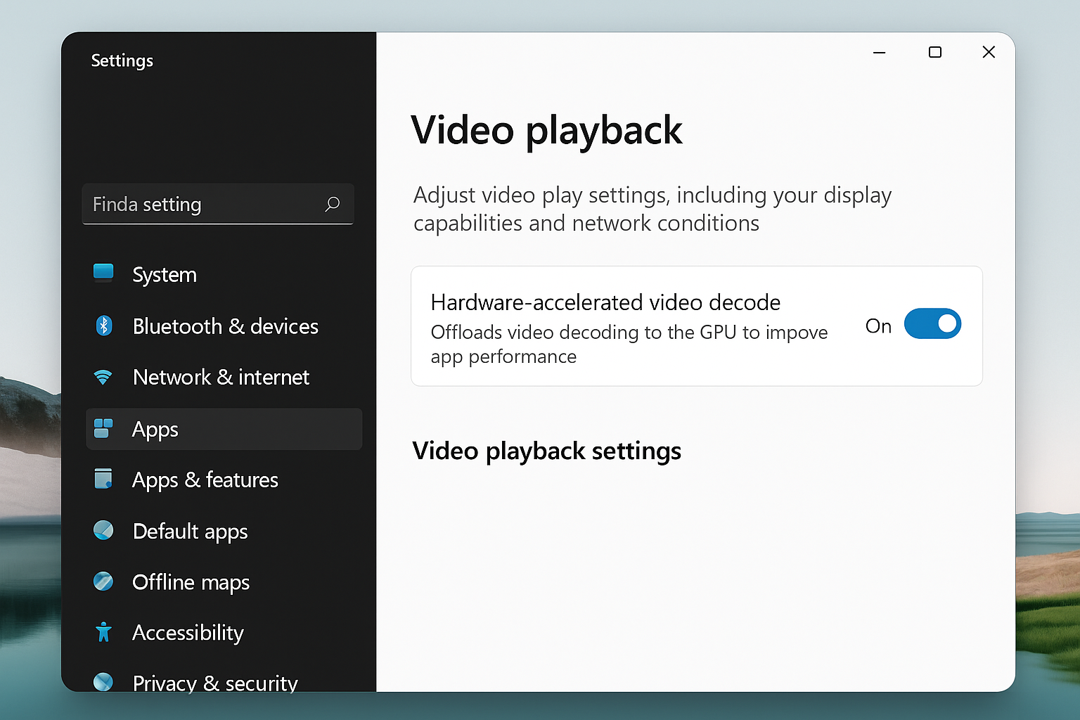 Windows 11 Settings > Apps > Video playback page with Hardware-accelerated video decode toggle enabled