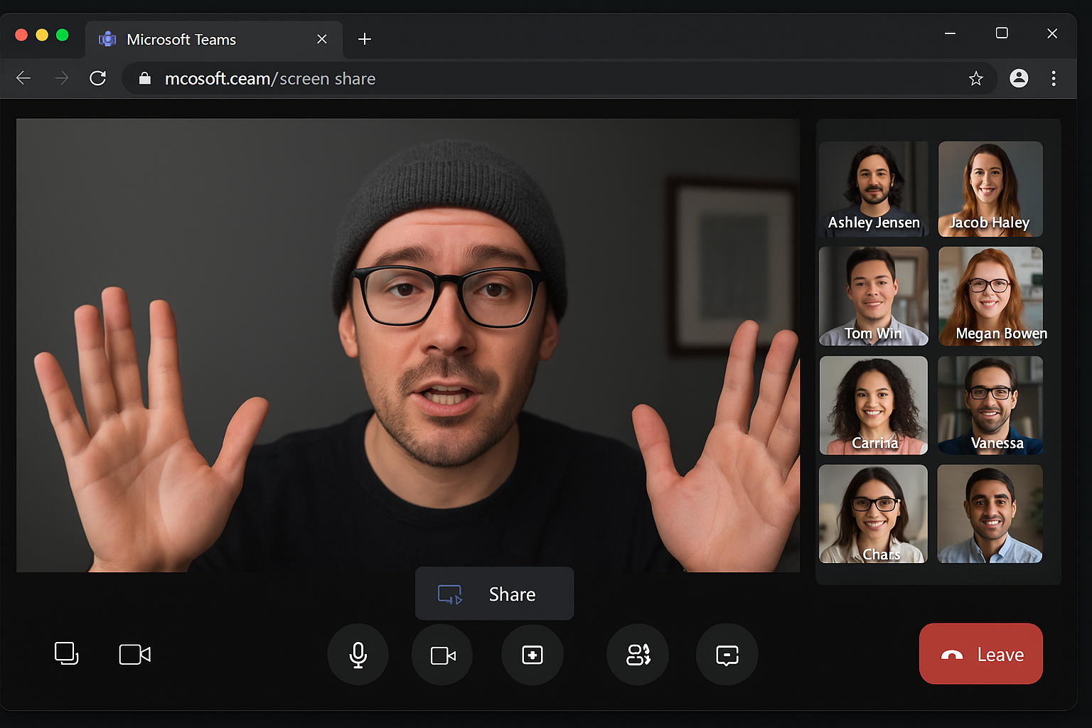 Microsoft Teams meeting showing screen sharing controls and participant panel