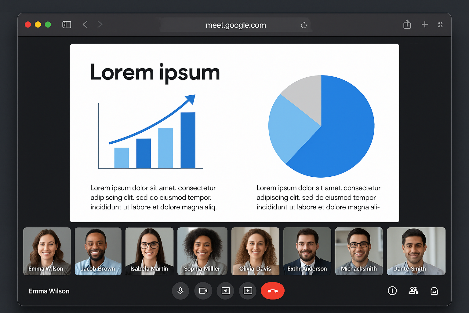 Google Meet interface with screen sharing active and participant grid visible