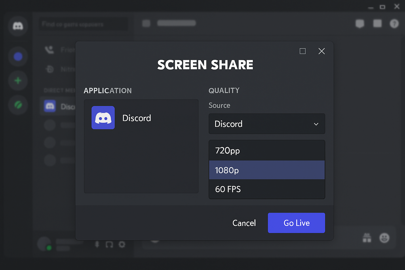 Discord Go Live feature showing screen sharing options and quality settings