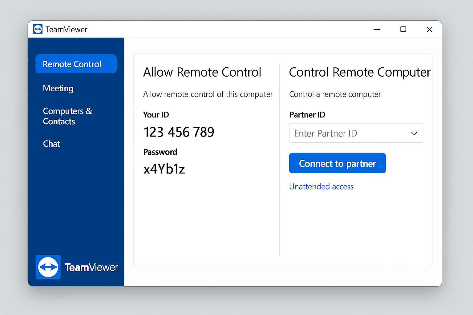 TeamViewer main interface showing remote control options and connection settings