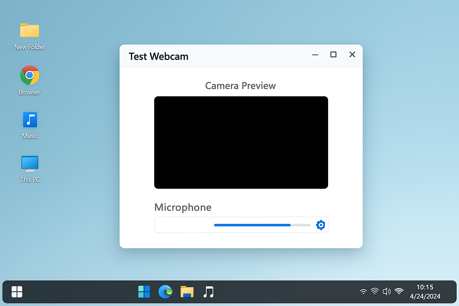 Clean, organized computer desktop with closed applications and showing testing of mic and web camera