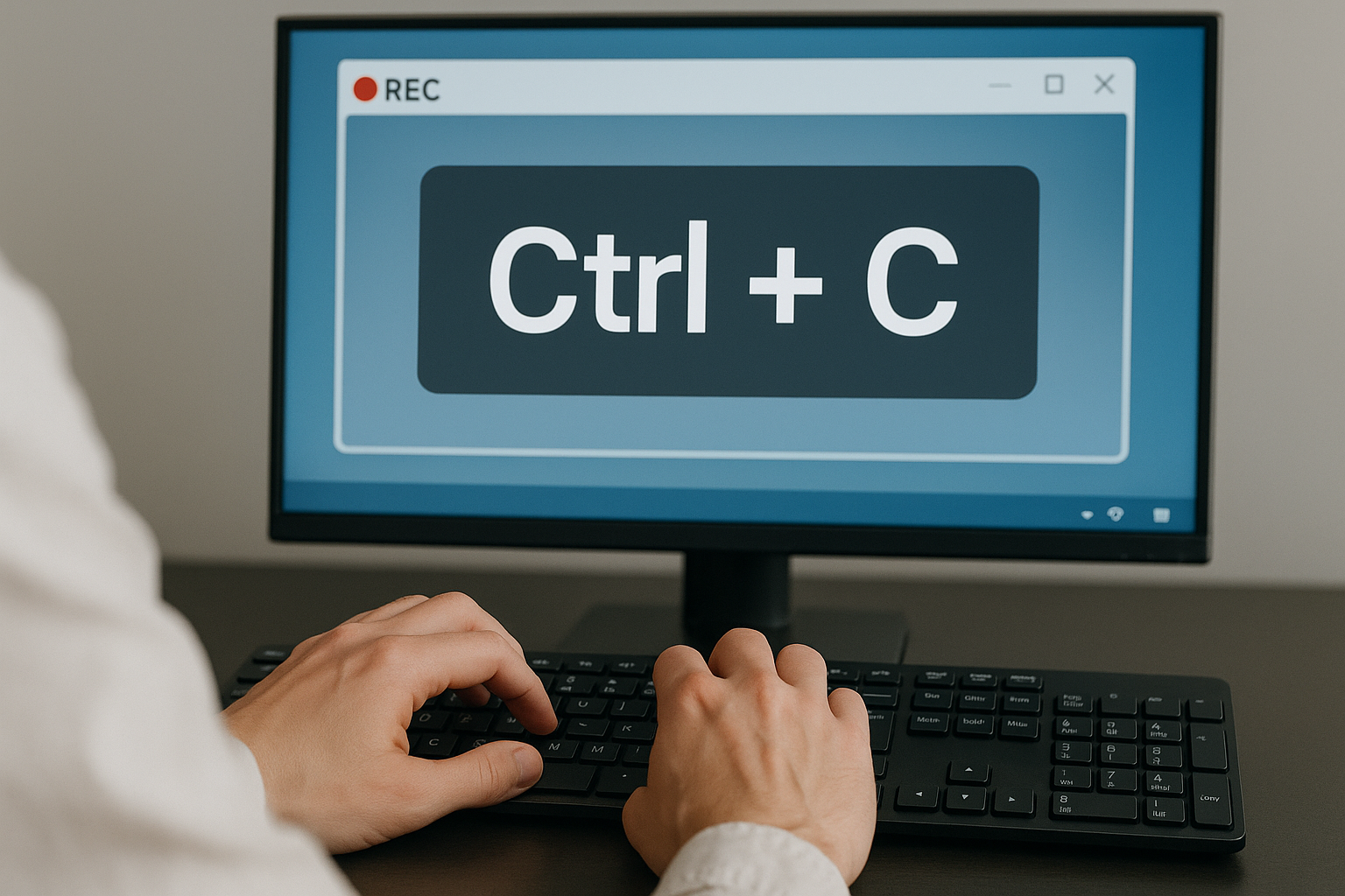 Hands typing keyboard shortcuts while screen shows live screen sharing session interface with recording enabled
