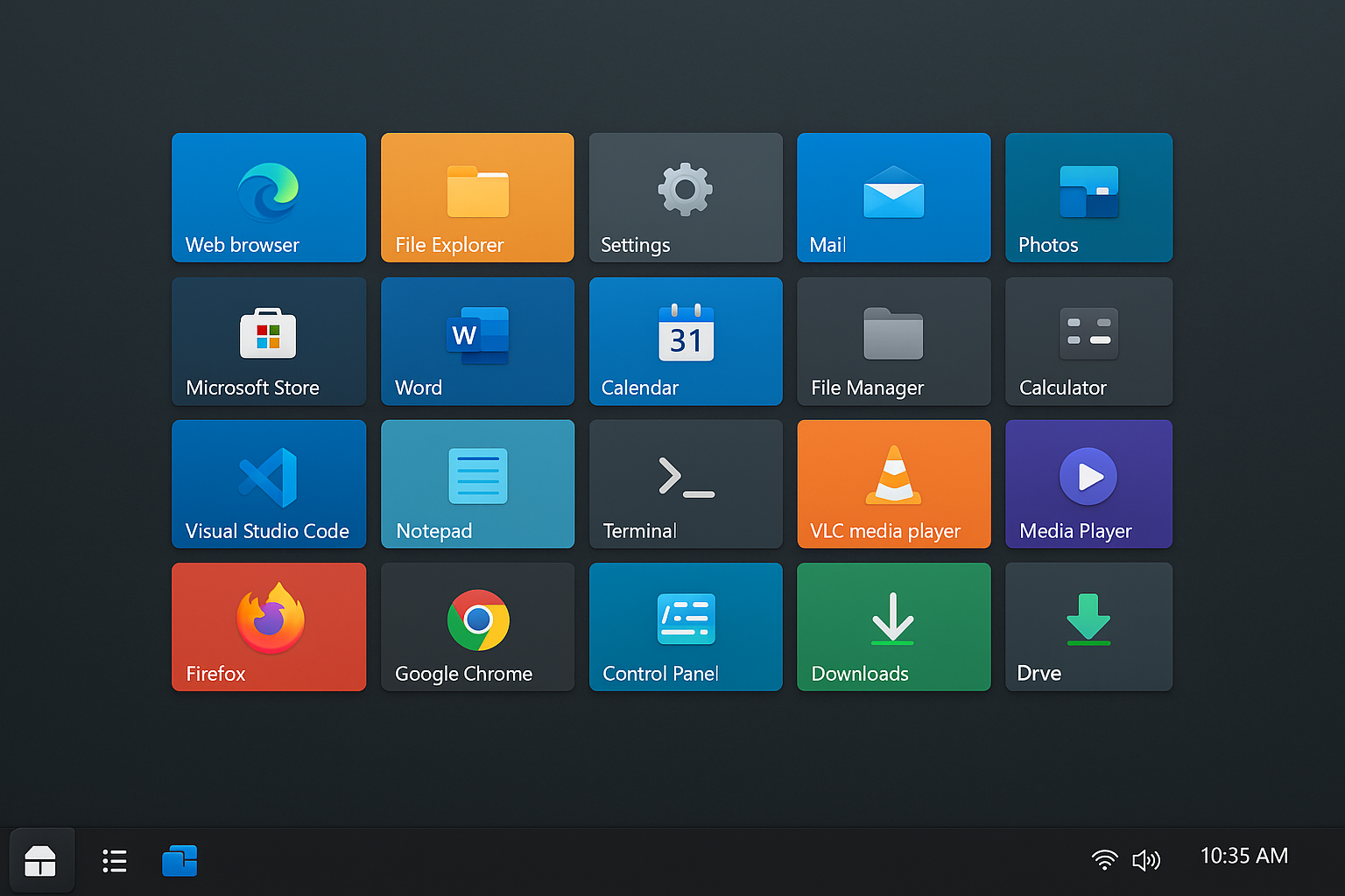 Cairo Shell desktop showing tile-based interface with modern flat design