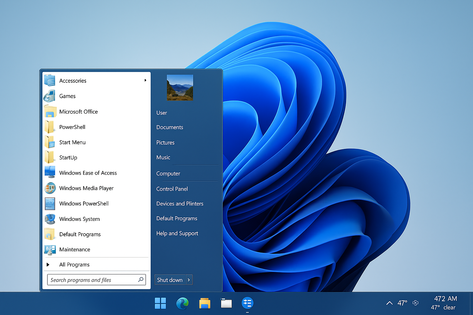 Windows 11 desktop with Open-Shell showing classic Windows 7 style Start menu