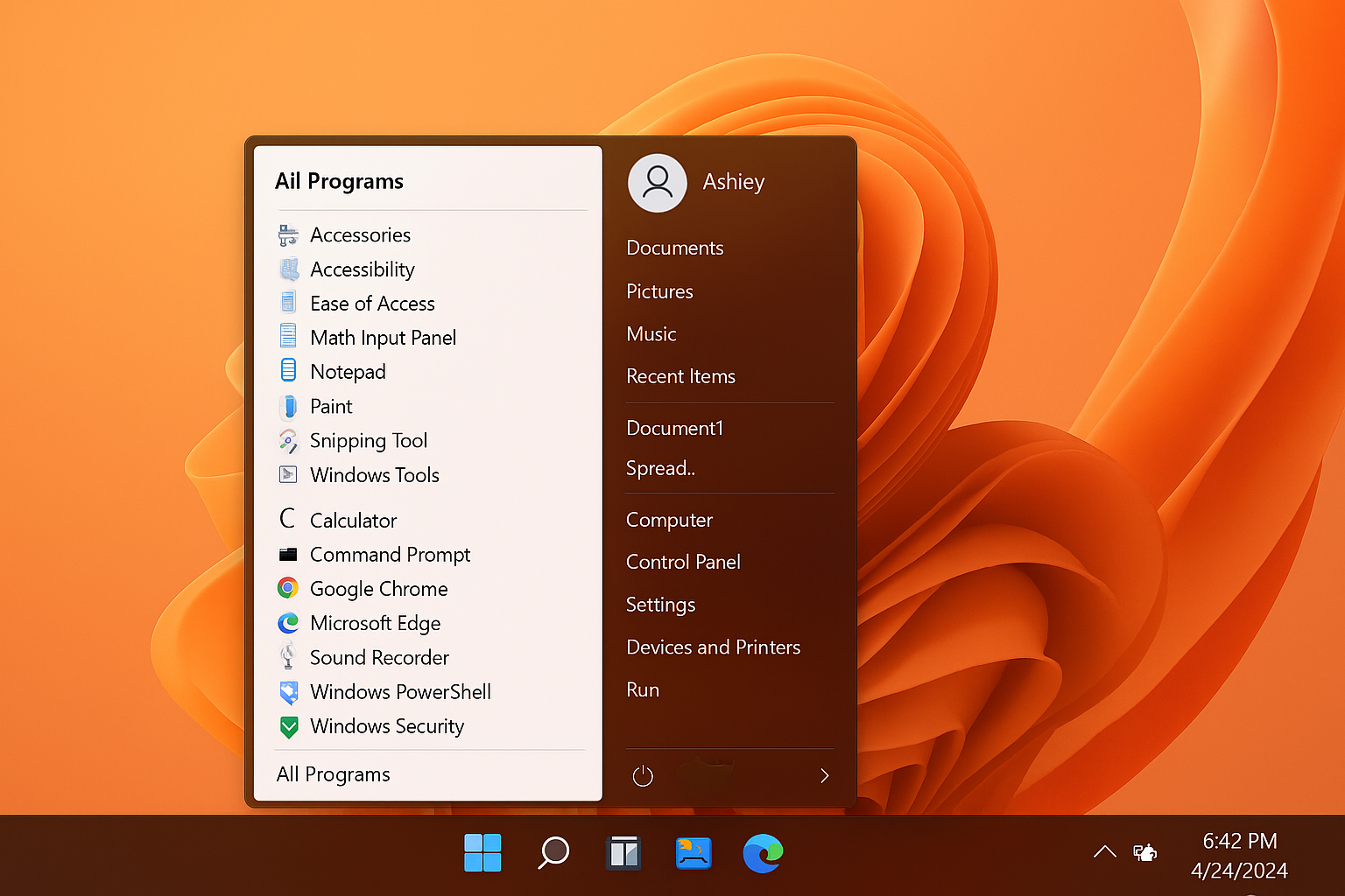 Windows 11 with Start11 showing customized Start menu with classic layout and modern features