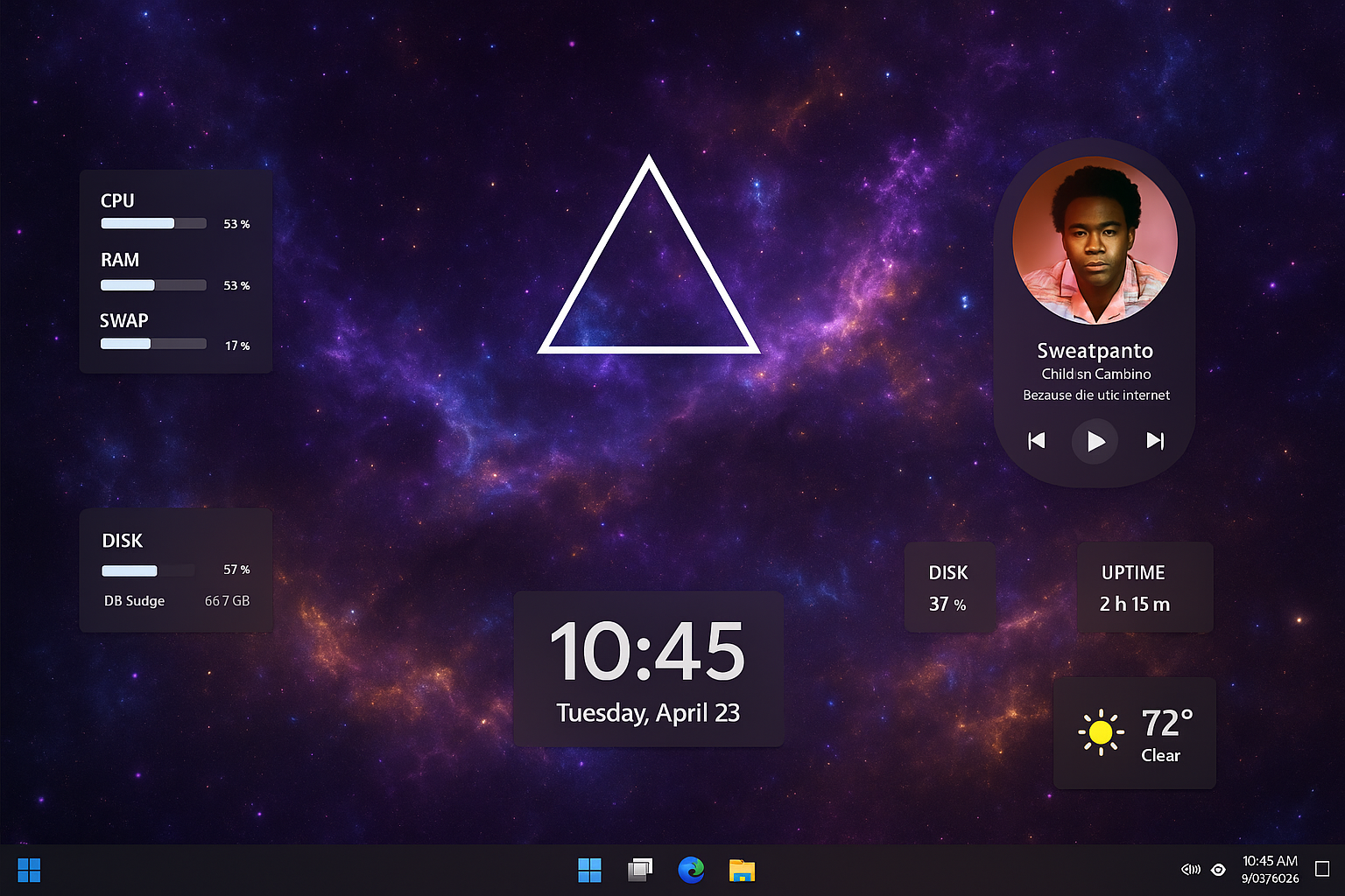 Windows desktop with various Rainmeter skins showing system stats, weather, and music player