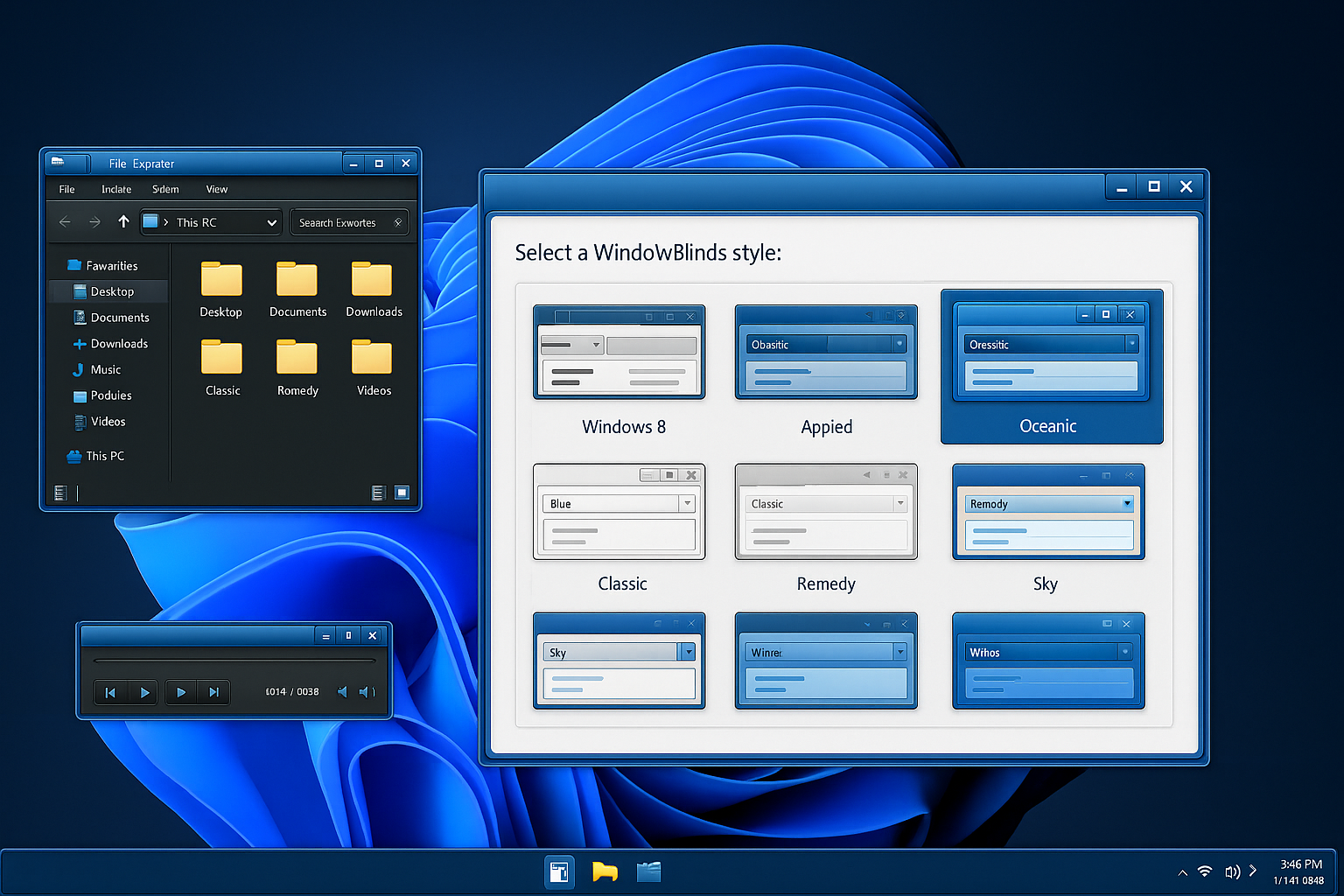 Windows desktop showing applications with custom window themes and styling