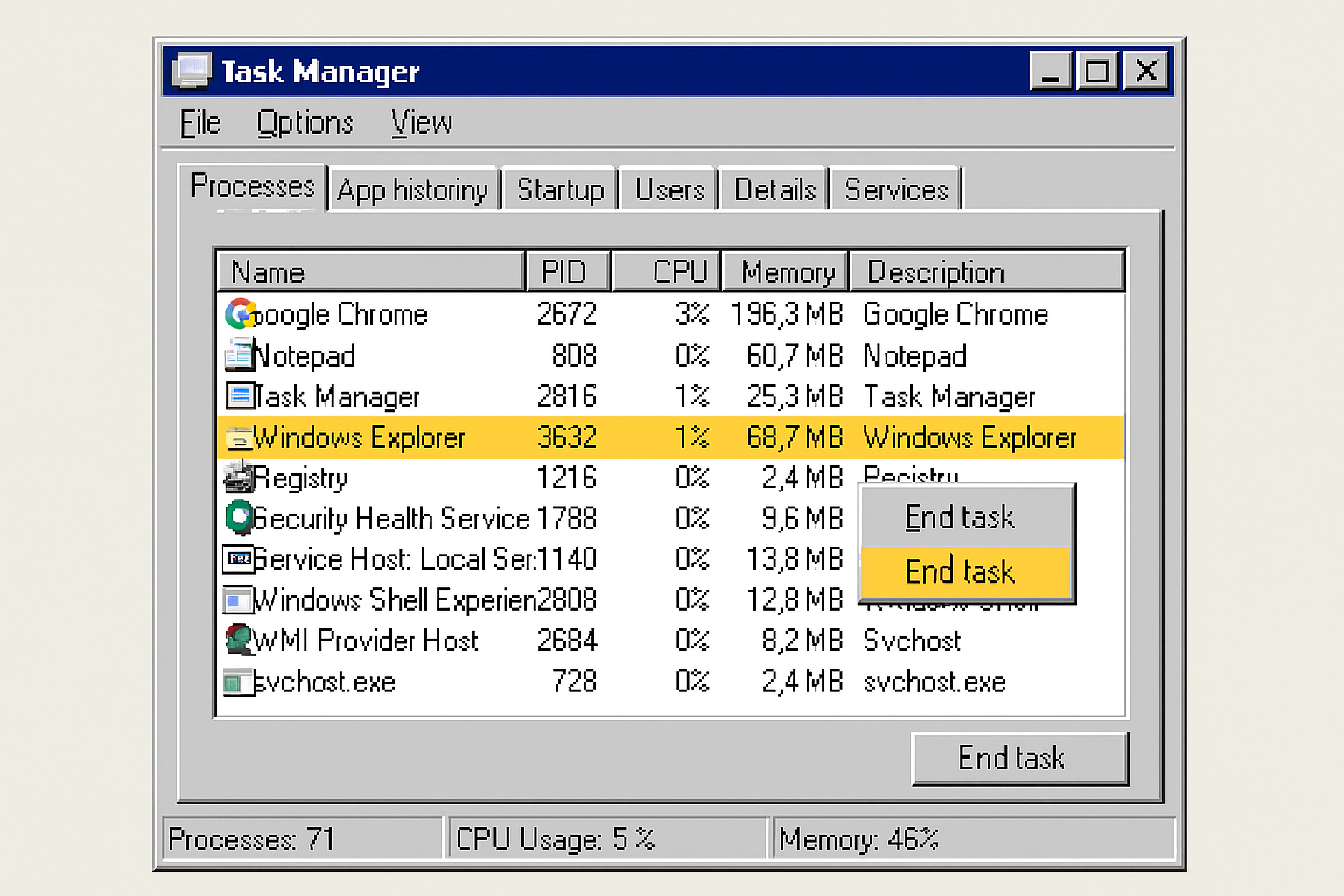 Task Manager showing Windows Explorer process selected with End task option highlighted