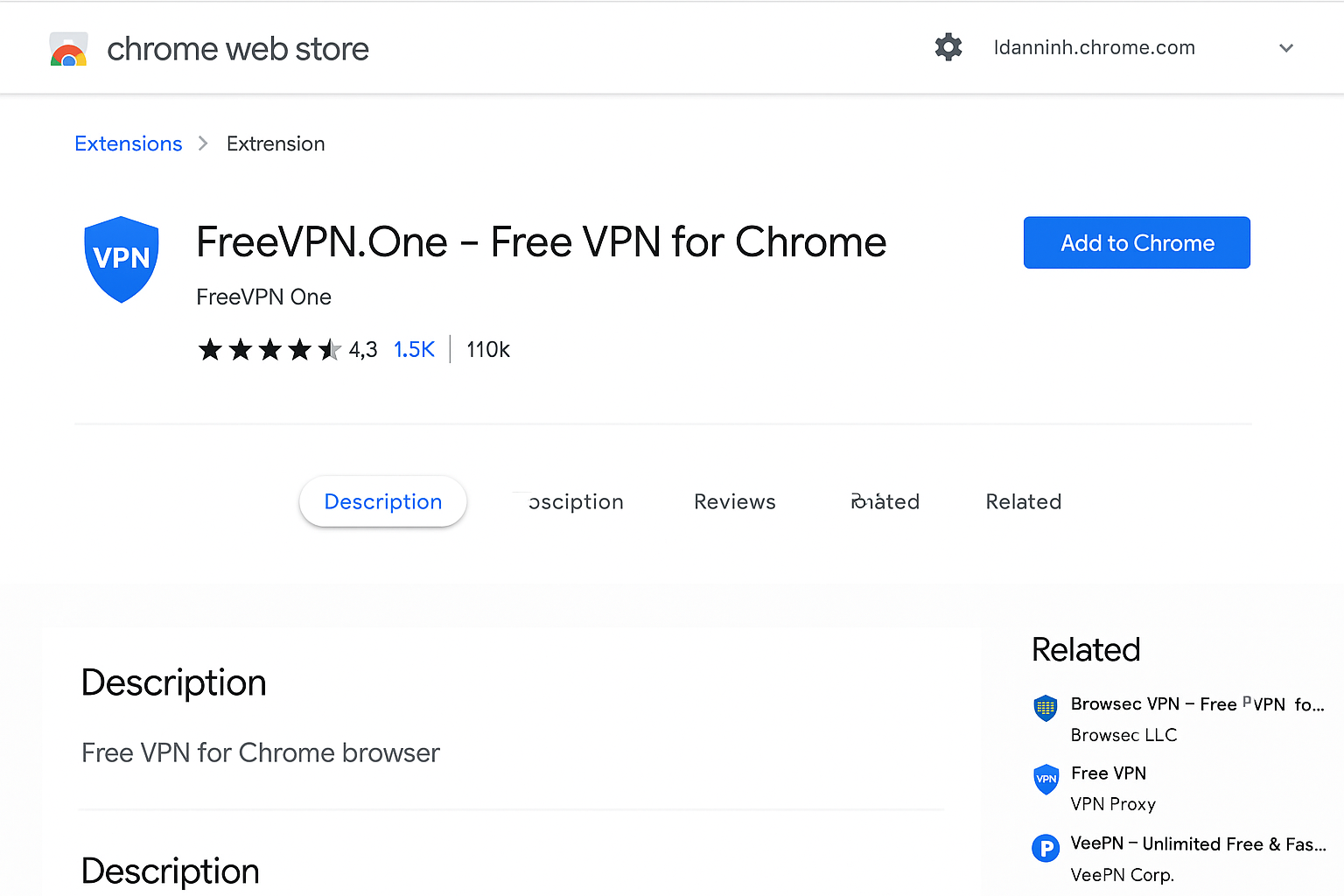 Chrome Web Store showing VPN extension with install button and user ratings