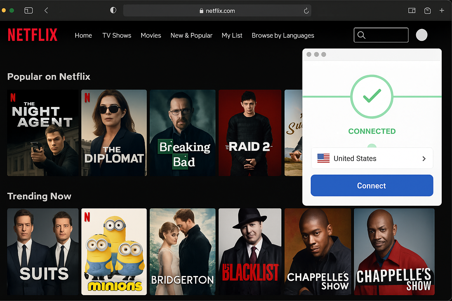 Netflix homepage showing different regional content when connected to VPN, with country indicator visible
