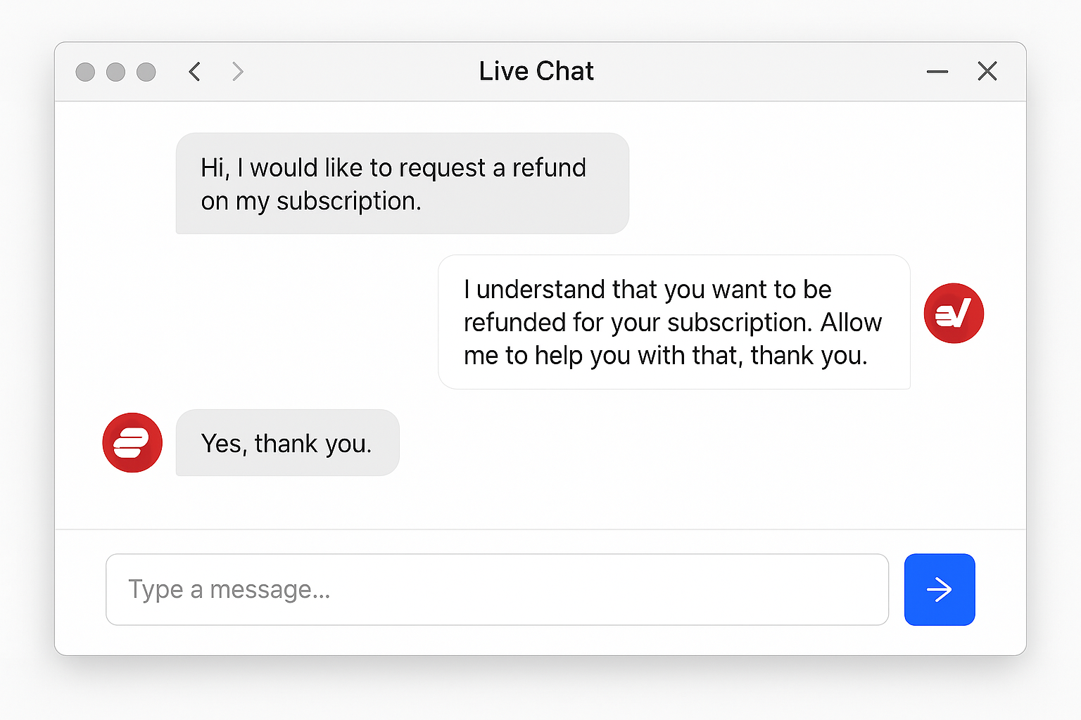 VPN provider support chat showing refund request process with customer service representative