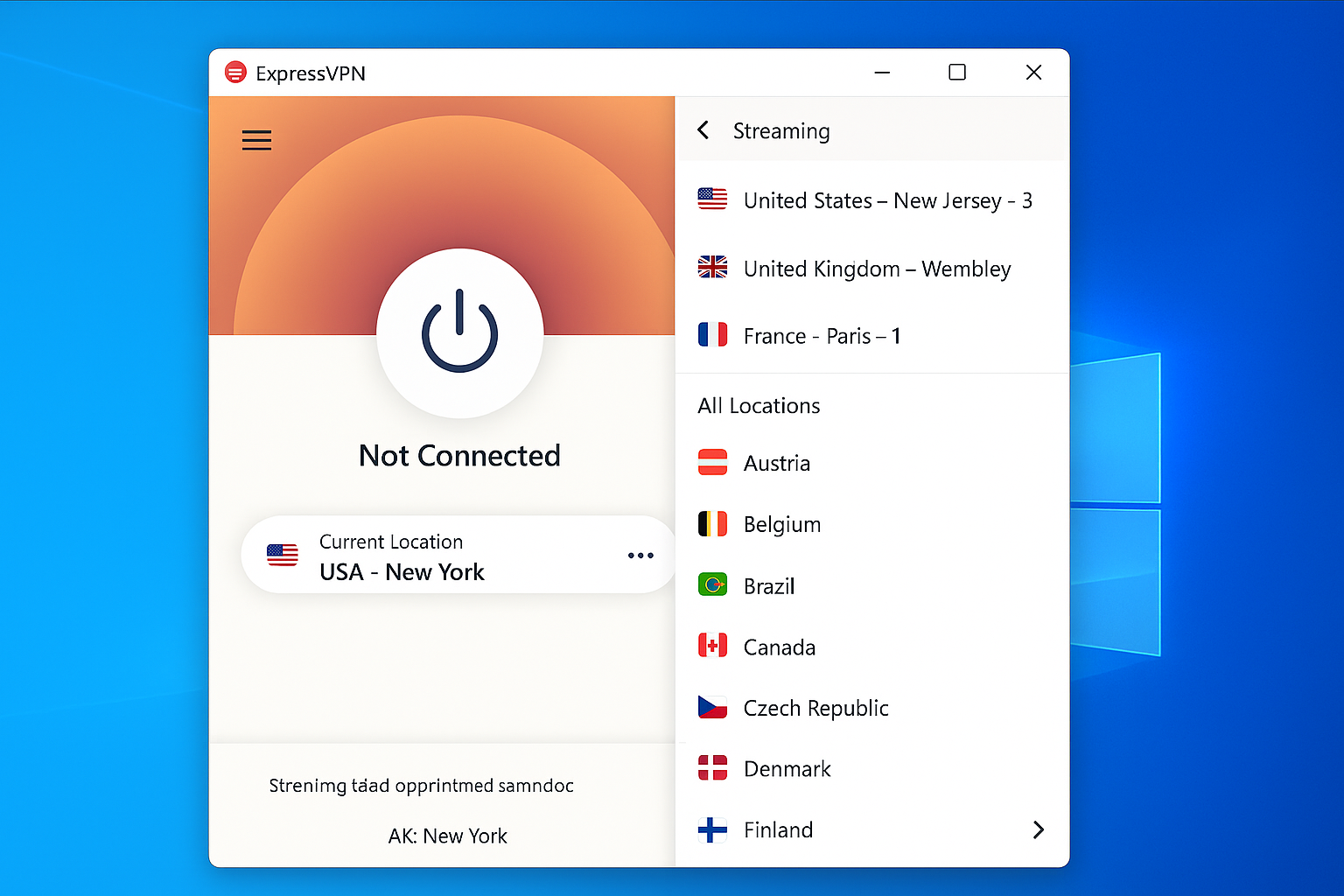ExpressVPN Windows app showing server list with streaming-optimized servers highlighted and connection speed displayed