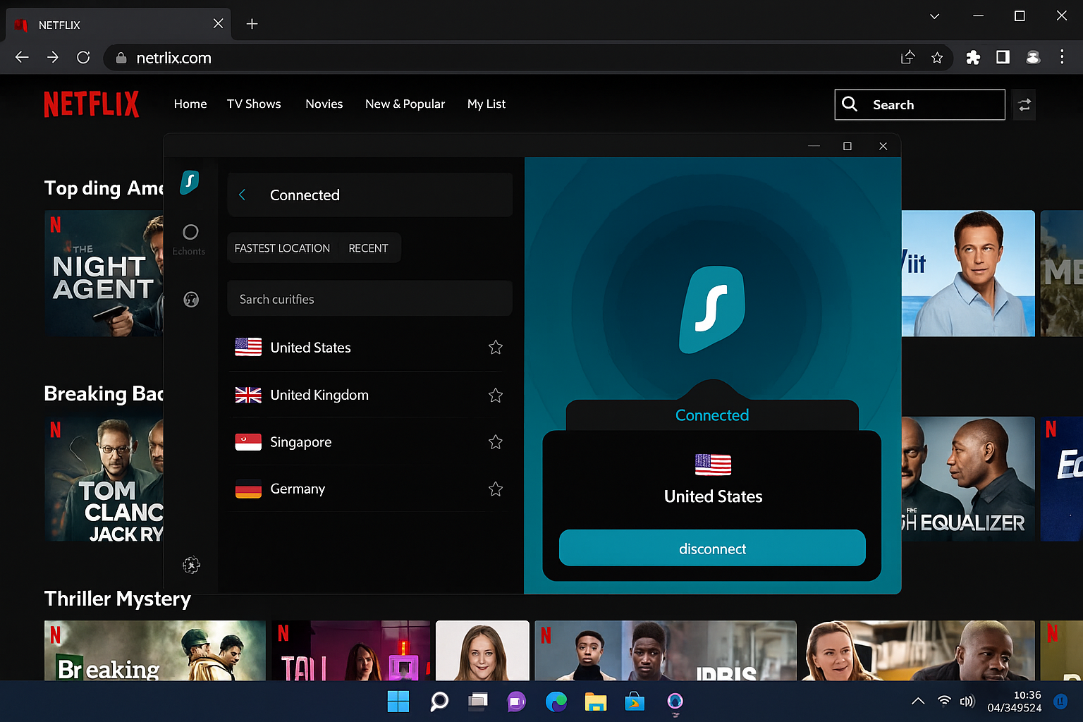 Surfshark Windows app connected to US server with Netflix running in background showing US-only content