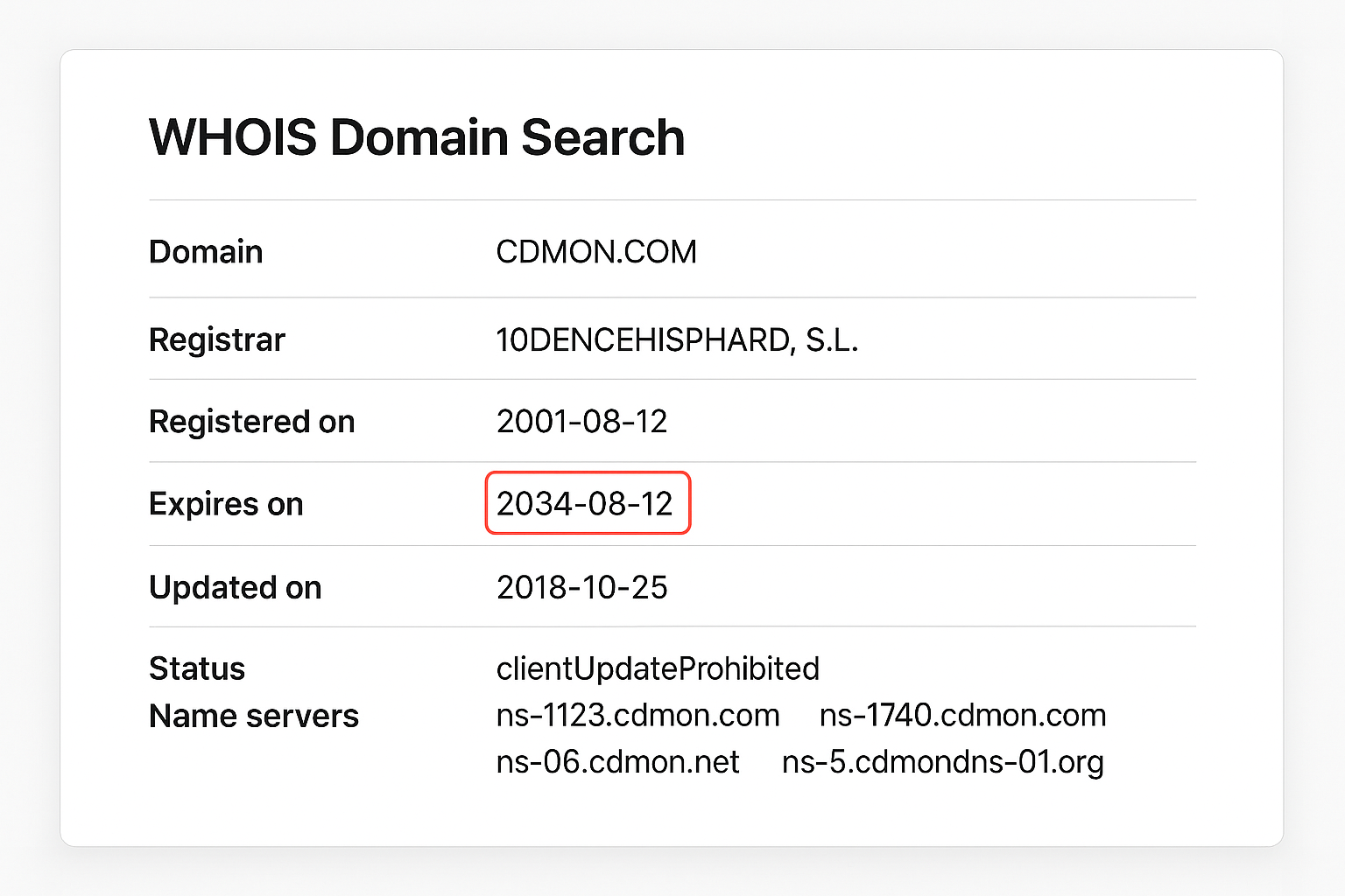 WHOIS search results showing Created Date, Updated Date, and Expires Date fields