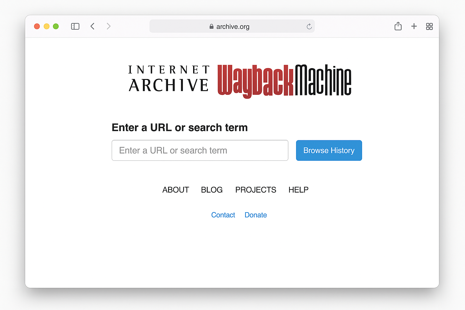 Internet Archive Wayback Machine homepage with URL search box