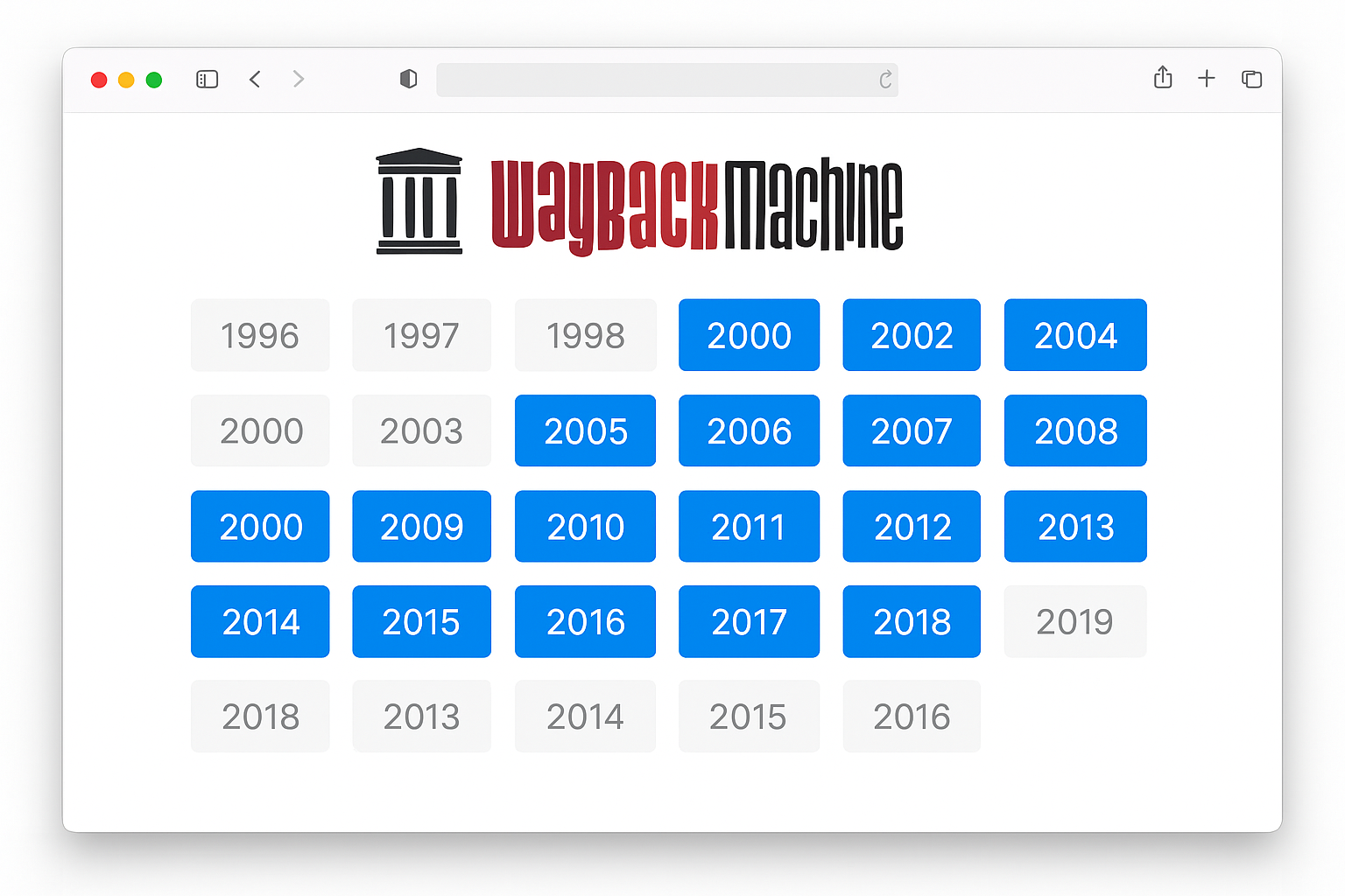 Wayback Machine calendar view showing years with available snapshots highlighted in blue