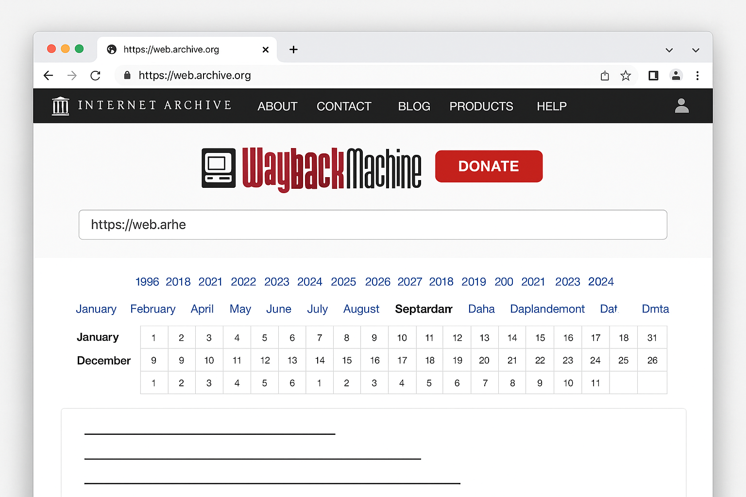 Wayback Machine showing archived version of a website with date selector at top