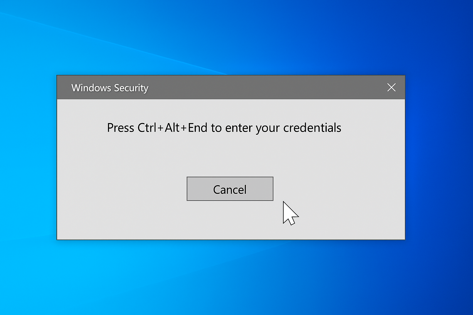Windows Remote Desktop session showing Ctrl-Alt-End being pressed with the remote Windows security screen appearing