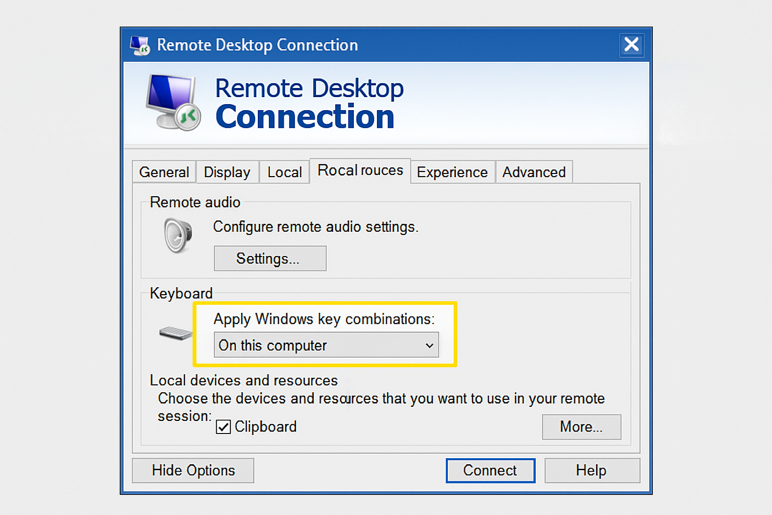 Remote Desktop Connection dialog showing Local Resources tab with keyboard settings highlighted