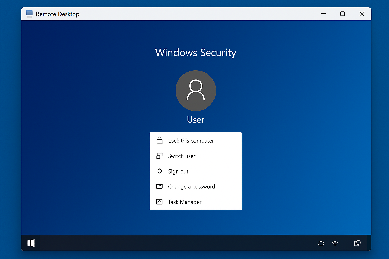 Remote Desktop session showing the Windows security screen with multiple options like Lock, Switch User, Sign Out, and Task Manager