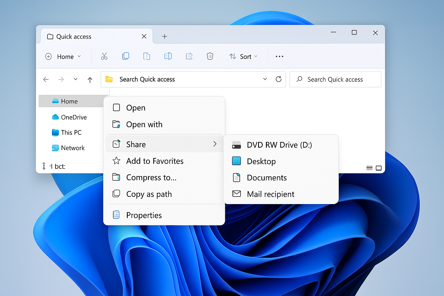 Windows 11 File Explorer showing Send to DVD Drive option in right-click menu
