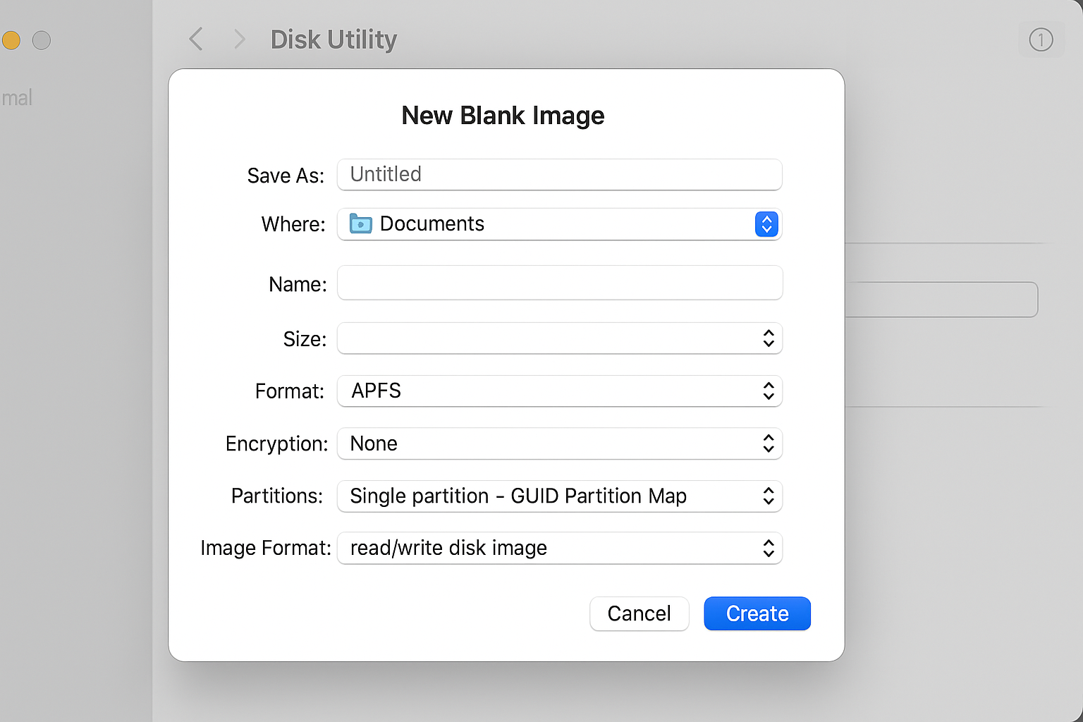 macOS Disk Utility showing New Image options with blank disc format selection